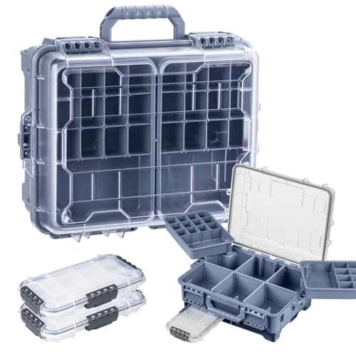 THKFISH Waterproof Tackle Box, Portable Fishing & Tackle Storage Box with Two 3500 Stowaway Boxes and Removable Dividers, Tackle Box, Thicker Floating Airtight Stowaway,Pink/Green/Blue/Grey - color: M-Blue