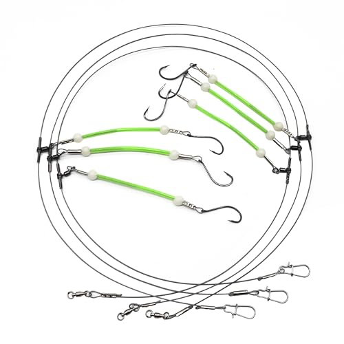 Saltwater Fishing Leaders, 49 Strands Stainless Steel Cable Tackle Rigs, Hooks, Swivels, Snap Connectors, Luminous Bead, 2 Arm Fishing Rig - size: 22#