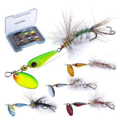 Goture Trout Lures Fishing Spinners,Rooster Bait Tail Bass Fishing Lures with Brass Spinner Blade Fish-Shaped Jig Heads for Freshwater Saltwater,Salmon Steelhead Trout Spinner Bait with Tackle Box - color: A:5pcs Trout Spinners