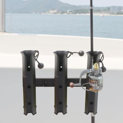 VTurboWay 3-Tube Adjustable Fishing Rod Holder, Removable Pole inserter, Self-Adhesive for Fishing Box Cooler, Drilling installation for Boat Yacht Kayak Fishing, Spinning Plastic, Black