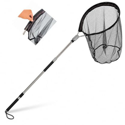 Rubber Fishing Net with Telescoping Handle, 100” Extendable Landing Net for Boat & Kayak, Large Heavy Duty Fish Net, Zip-Off Replacement Rubber Mesh, Stainless Steel Pole for Saltwater