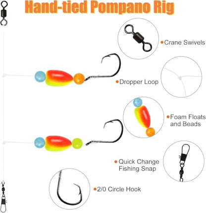 Pompano Rigs for Surf Fishing Saltwater Pre-Rigged Fishing Rigs with Floats Beads Double Circle Hook Surf Fishing Tackle 5/12/15PCS - color: chartreuse+orange/yellow-6pcs