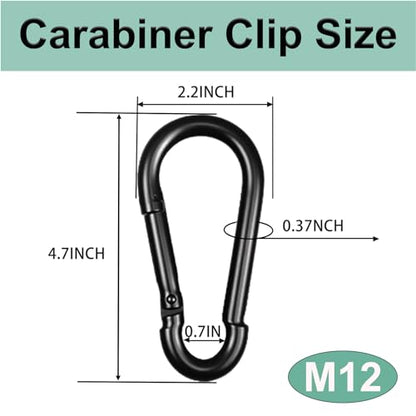 Black Carabiner, Heavy Duty Galvanized Steel Spring Snap Hook Carabiner Clips with 1000LBS Holding Capacity, Ideal for Outdoor, Hammock, Swing and Travel (10PCS M12 4.7Inch) - size: 10PCS-M12, style: Black
