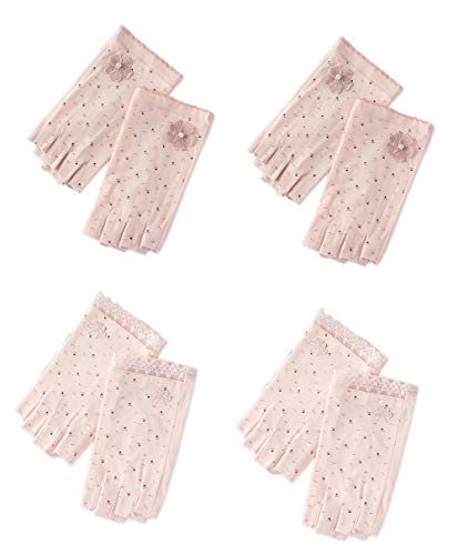 Gongxue 4 Pairs Women Sunscreen Fingerless Gloves UV Protection Driving Riding Fishing Cotton Mittens - color: Light Pink