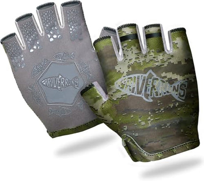 Riverruns SwiftShield Fishing Gloves Shortened Wrist UPF50+ Sun Gloves Fingerless Lightweight Breathable Hiking Driving Kayaking Paddling - color: CamoGreen, size: Small