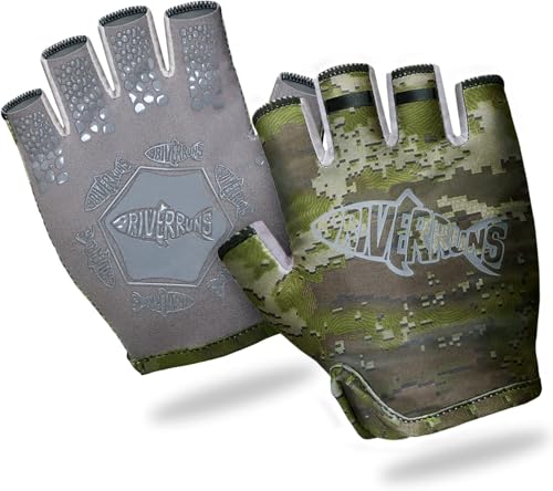 Riverruns SwiftShield Fishing Gloves Shortened Wrist UPF50+ Sun Gloves Fingerless Lightweight Breathable Hiking Driving Kayaking Paddling - color: CamoGreen, size: Medium