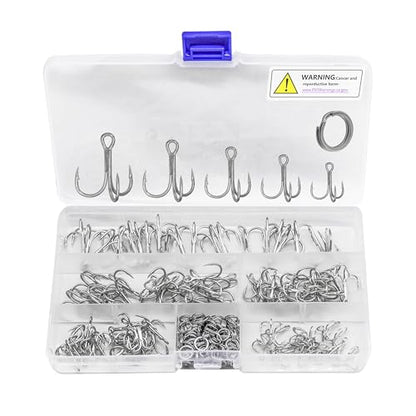 Fishing Treble Hooks Kit, Large Size High Carbon Steel Hooks 3X Strong Sharp Round Bend Hooks with Split Rings for Saltwater Freshwater Fishing 200pcs/Box Mixed 5 Size 2 4 6 8 10 - color: Silver