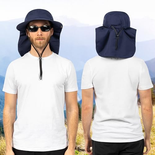 SUN CUBE UPF50+ Sun Hat for Men Women with Neck Flap, Wide Brim UV Protection Fishing Safari Hat for Hiking Beach Gardening - color: Navy