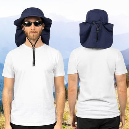 SUN CUBE UPF50+ Sun Hat for Men Women with Neck Flap, Wide Brim UV Protection Fishing Safari Hat for Hiking Beach Gardening - color: Navy