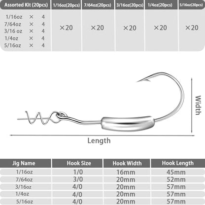 Weighted Swimbait Hooks with Twist Lock,Weighted Fishing Hooks for Soft Plastic Worm Lures Freshwater Saltwater Fishing 1/16 7/64 3/16 1/4 5/16oz - size: 5/16oz-4/0-20Pack