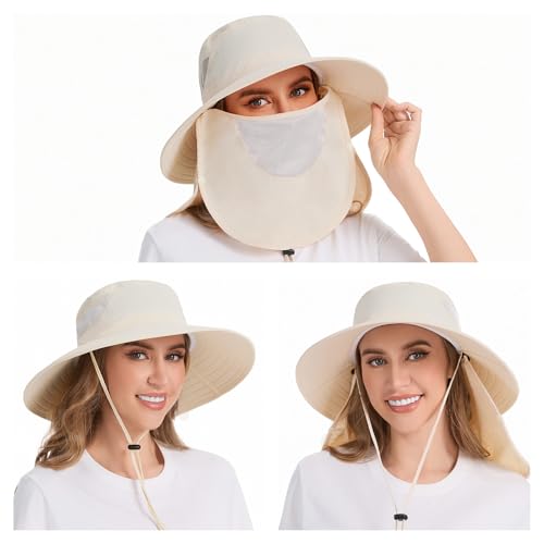 BASSDASH UPF 50+ Breathable Sun Hat with Removable Face Cover and Neck Flap Wide Brim Bucket Hat for Fishing Hiking Men Women - color: Beige