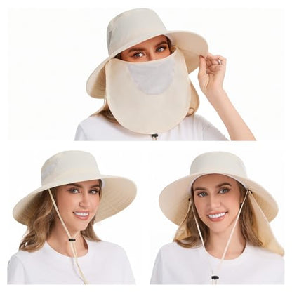 BASSDASH UPF 50+ Breathable Sun Hat with Removable Face Cover and Neck Flap Wide Brim Bucket Hat for Fishing Hiking Men Women - color: Beige