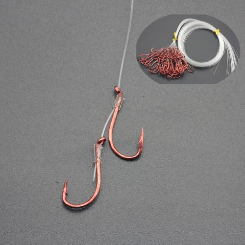 50pcs/Bag Premium Snelled Fishing Hooks Set, Red Coated Double Hook Design with Twin Uni Knot, Pre-Tied Clear Leader Line