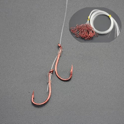 50pcs/Bag Premium Snelled Fishing Hooks Set, Red Coated Double Hook Design with Twin Uni Knot, Pre-Tied Clear Leader Line
