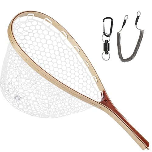 Kylebooker Fly Fishing Landing Net Wooden Frame Trout Fishing Net Soft Rubber Mesh for Catch and Release - color: Round Shape-Round Hole