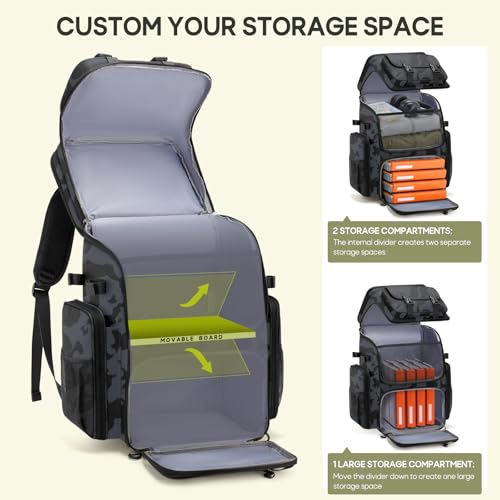 RAINSMORE Fishing Backpack, 45L Large Fishing Bag with 4 Rod Holders & Insulated Cooler Professional Fishing Tackle Backpack with Rain Cover Waterproof Tackle Bag for Men Gift, Black Camouflage - color: Black Camouflage