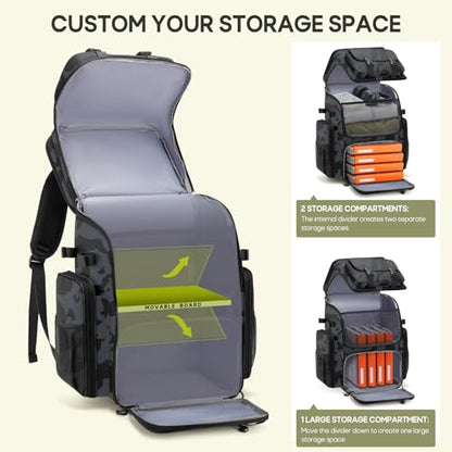 RAINSMORE Fishing Backpack, 45L Large Fishing Bag with 4 Rod Holders & Insulated Cooler Professional Fishing Tackle Backpack with Rain Cover Waterproof Tackle Bag for Men Gift, Black Camouflage - color: Black Camouflage