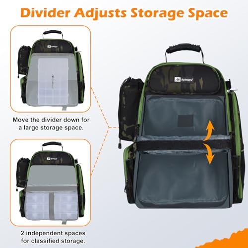 AYAMAYA 45L Fishing Backpack with 4 Tackle Boxes, Large Tackle Backpack with Rod Holders, Rubber Feet, Outdoor Multifunctional Fishing Bag Gear & Equipment for Camping, Hiking - color: Camo, 4 Tackle Boxes