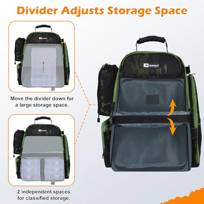 AYAMAYA 45L Fishing Backpack with 4 Tackle Boxes, Large Tackle Backpack with Rod Holders, Rubber Feet, Outdoor Multifunctional Fishing Bag Gear & Equipment for Camping, Hiking - color: Camo, 4 Tackle Boxes