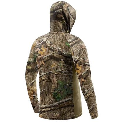 Palmyth Hunting Hoodie with Mask for Men Sun Protection Camo Fishing Shirts | UPF 50+, Mask Neck Gaiter, Quick Dry, 2 Zipper Pockets, Side Mesh Vent, Thumb Loops, Moisture Wicking, Stretchy, Breathable - color: Misty Thicket, size: Large