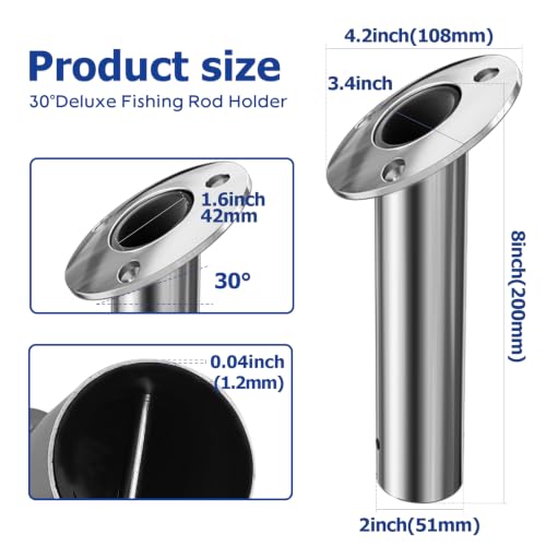 Fishing Rod Holder 2 Pack, 316 Stainless Steel 15/30/90 Degree Rod Holders for Fishing Boat, Flush Mount with Cap, Heavy Duty