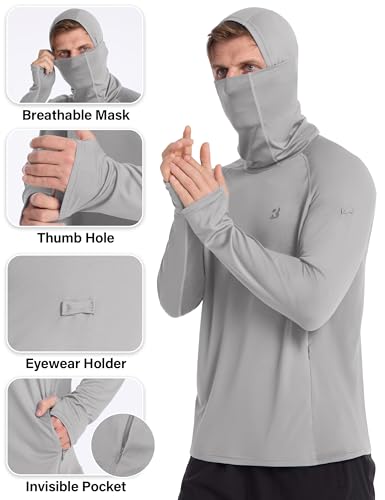 Roadbox Mens UPF 50+ Sun Protection Hoodie, Long Sleeve Fishing Shirt with Mask, Lightweight UV SPF Hooded for Hiking Running - color: Grey, size: X-Large