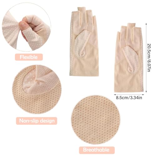 Eohak Women Driving Gloves Sun UV Protection Summer Outdoor Hiking UPF 50+ Glove Touchscreen Half-Finger Glove - color: Beige+grey