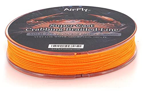 AirFly Super Cast Crabbing Braided Line - 50LB, 328 Yards (300M), Orange - High Strength, Low Memory, Saltwater Fishing Line for Fishing, Crab Trap, Snare