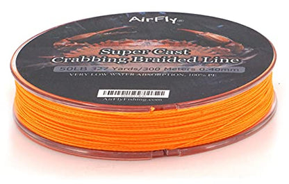 AirFly Super Cast Crabbing Braided Line - 50LB, 328 Yards (300M), Orange - High Strength, Low Memory, Saltwater Fishing Line for Fishing, Crab Trap, Snare