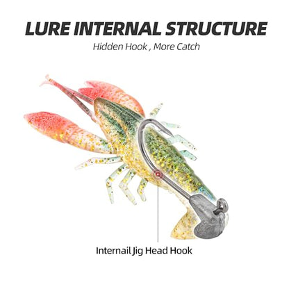 Pre-Rigged Weighted Shrimp & Crawfish Fishing Lures – Soft Bait with Lead Weight, Weedless, Realistic Action – Durable for Bass, Trout, Crappie, Saltwater & Freshwater Fishing - size: 2.8in-7/16oz