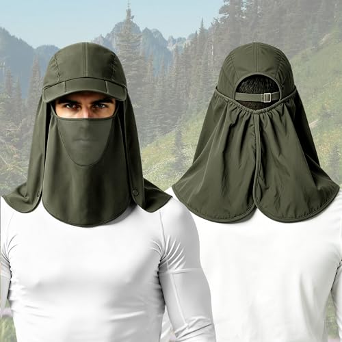 2Pack Men’s Foldable Sun Hat with Removable Face Mask & Neck Flap, UPF 50+ UV Protection, Quick-Drying Outdoor Fishing Cap - color: Light Grey+army Green