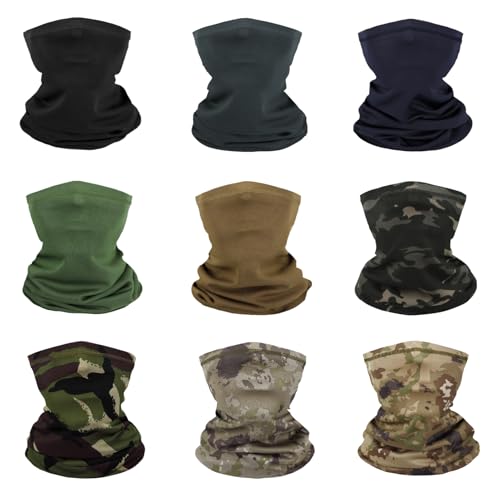 9 Pack Neck Gaiter Sun Protection Face Masks Breathable Windproof Face Cover UV Protection Bandana Scarf for Men Women - color: Solid Color+camo
