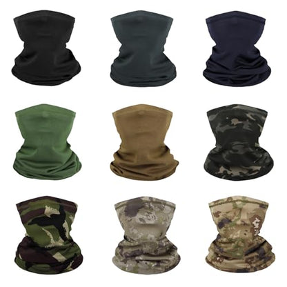 9 Pack Neck Gaiter Sun Protection Face Masks Breathable Windproof Face Cover UV Protection Bandana Scarf for Men Women - color: Solid Color+camo