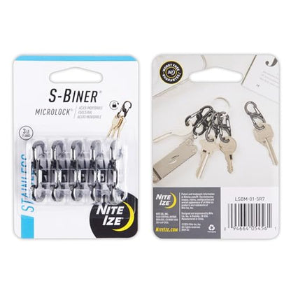 Nite Ize S-Biner MicroLock Stainless Steel - Durable Key Holder Carabiner Clip - S-Biner with Locking Gates - Durable & Strong Mini Carabiners for Keychain Accessories - Black (5 Pack)