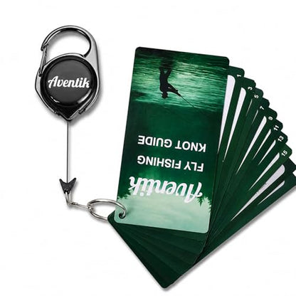 Aventik Fly Fishing Knot Tying Guide Cards with Zinger, Saltwater & Freshwater Laminated Reference, 4 Pro Setup Chains, 15 Essential Knots, Ruler & US Fishing Info QR, Fishing Gear Tool Gifts