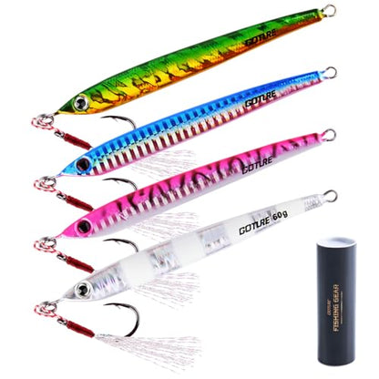 Goture Fishing Jigs Saltwater 60g-200g with Assist Hook, Glow Vertical Jigs, Speed Fast Lead Jig Sea Fishing Jigging Spoon Lures for Tuna, Salmon, Sailfish, Striped bass, Grouper Snapper, Kingfish - color: M1:4PCS Multi Colors Jigs with Cardboard Tube, si