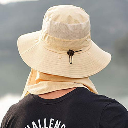 Fishing Hat for Men & Women, Outdoor UV Sun Protection Wide Brim Hat with Face Cover & Neck Flap - color: Khaki