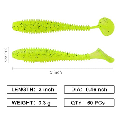 Paddle Tail Swimbaits, 2.5 inch/3inch Soft Lures Fishing Trout Crappie Bass for Freshwater and Saltwater 75PCS/60PCS - color: Chartreuse Translucent, size: 2.5 inch, 75 PCs