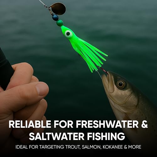 Squid Fishing Hoochies 10 Pack -Glow Fresh Water Kokanee Salmon Trolling Lures with Pre-Rigged Octopus Hooks - Spinner Blades, Synthetic Skirts Kokanee Hoochies for Salmon Fishing - style: Squid Fishing Hoochies 10-pack