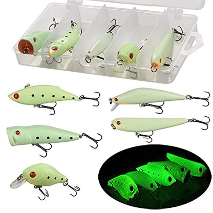 Glow Fishing Lures Bait Kit Luminous VIB Popper Crank Minnow Pencil Hard Bait with Treble Hook Night Fishing Bait Tackle Box
