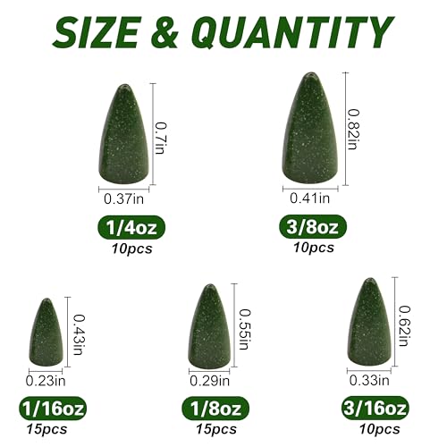 Bullet Fishing Sinkers Bass Fishing Weights Kit, 60pcs Worm Fishing Slip Weights Painted Pitching Flipping Weight Worm Weights for Bass Fishing Texas Rig Carolina Rig - style: Green-60pcs