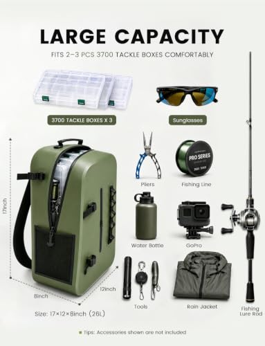 Floating Fishing Backpack IP68 Waterproof Submersible Zipper, Tackle Backpack Fits 2-3 3700 Tackle Boxes, 840D PVC Tackle Backpack with 3 Rod Holders, Fishing Accessories Gift for Men & Women