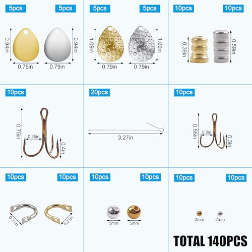 Fishing Spinner Lure Making Kit,141pcs Inline Spinner Making Supplies Kit DIY Spinnerbaits Accessory Pliers Spinner Blade Clevis Wire Shaft Treble Hooks Beads Fishing Spoon Rigs Tackle Set - style: 140pcs