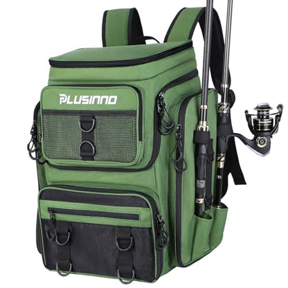 PLUSINNO Fishing Backpack with Rod Holders 4 Tackle Boxes, 42L Large Water-Resistant Fish Tackle Bag Store Fishing Gear, Camping, Hiking Gifts for Men Father, Green - color: Green