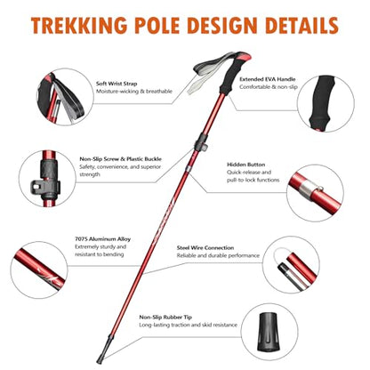 Deepfeel Collapsible Trekking Pole Adjustable Hiking Pole - Aluminum Alloy 7075 Walking Stick with Telescopic & Foldable Tri-fold Design for Travel Camping Climbing Walking - color: Red