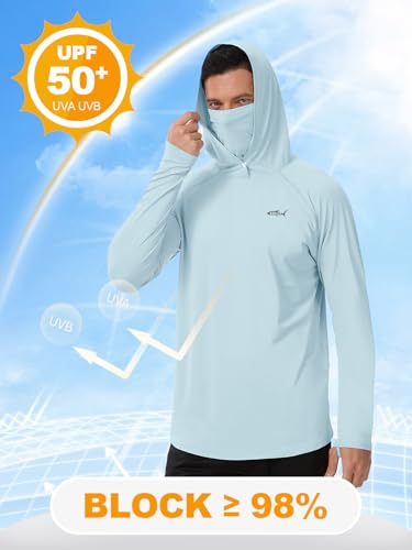 Men's UPF 50+ Sun Protection Hoodie Lightweight Quick Dry Fishing Shirts Long Sleeve Rash Guard with Mask - color: Light Blue, size: XX-Large