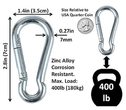 Black & Silver Zinc-Galvanized Heavy Duty Bushcraft Carabiner Spring Snap Clip Link Hooks 200-500lb Load 2, 6 & 12 Packs - color: 7cm (2.8in) Silver 6 Pack