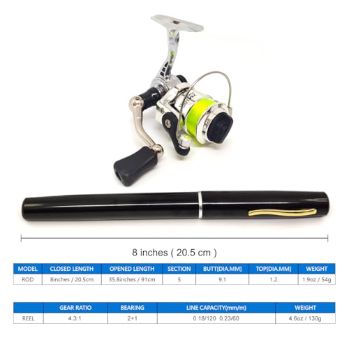Portable Mini 38inches Telescopic Pen Fishing Rod and Reel Combo, Pocket Small Fishing Pole with All Metal Spinning Reel for River Lake Ice Fishing etc.
