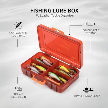 Double-Sided Fishing Lure Box, Slim PU Leather Tackle Organizer for Kayak & Travel, 13 x 3.3 x 1.6 Inches - color: Orange