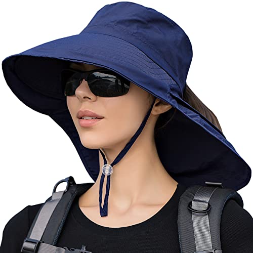 Womens Sun Hat UPF 50+ Wide Brim and Ponytail Hole, Hiking Safari Hat with Neck Flap… - color: Navy Blue